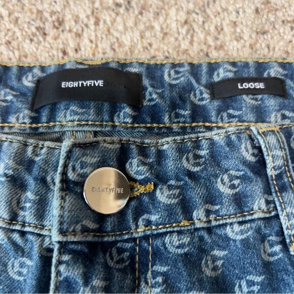 EIGHTYFIVE Mens Dividing Seams Blue Monogram Loose Jeans Streetwear Size 36 - Picture 7 of 13